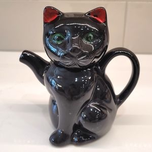Vintage black cat creamer 6" x 6" with  green eyes unmarked ceramic